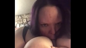 Titty fucking myself with my new huge thrusting dildo